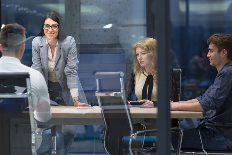 female-consultant-standing-at-conference-table-in-business-meeting female consultant standing at conference table in business meeting
